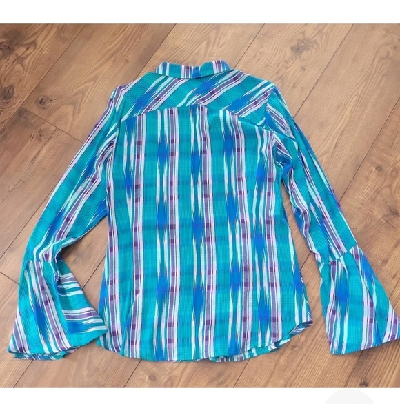 Wrangler Retro Teal & Purple Western Bell Sleeve Southern Pearl Snap Shirt, SZ L - Picture 3 of 6